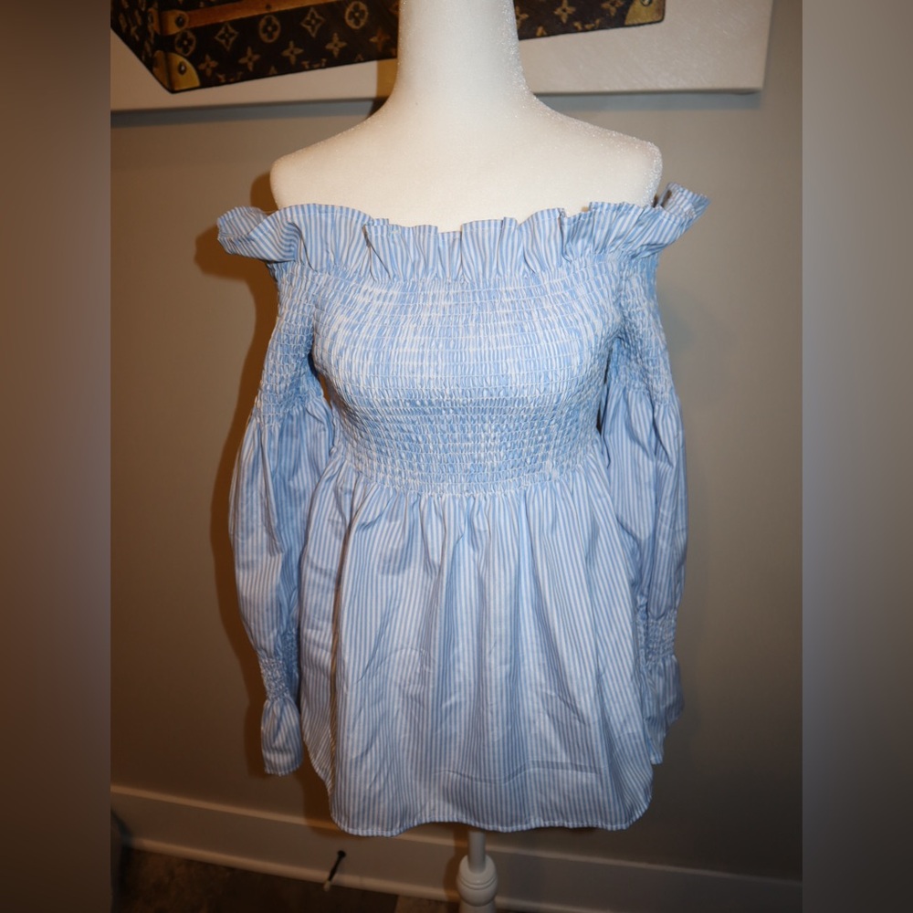 Striped Off Shoulder Smocked Puff Sleeve Boho Summer Blouse Medium